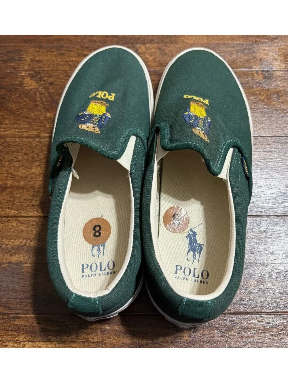 Polo Ralph Lauren Mens Keaton Slip On Polo Bear Shoes 8 Green Canvas Preppy Logo